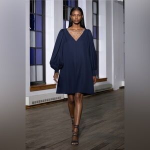 ADEAM Intermix “Water Drop” navy blue crystal blouson puff sleeve dress 10